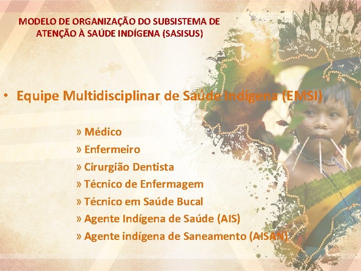 MODELO DE ORGANIZAÇÃO DO SUBSISTEMA DE ATENÇÃO À SAÚDE INDÍGENA (SASISUS) • Equipe Multidisciplinar