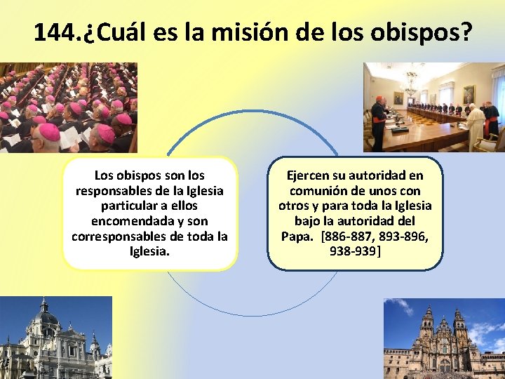 144. ¿Cuál es la misión de los obispos? Los obispos son los responsables de