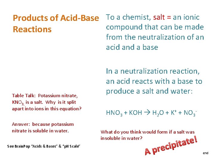 Products of Acid-Base To a chemist, salt = an ionic compound that can be