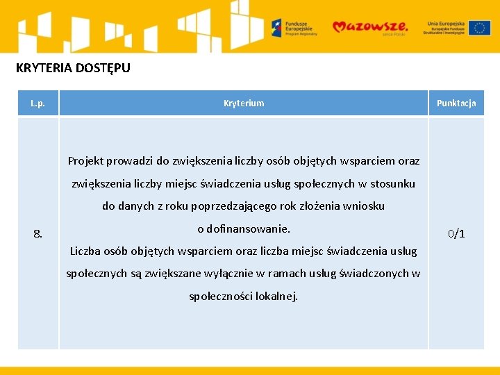 KRYTERIA DOSTĘPU L. p. Kryterium Punktacja Projekt prowadzi do zwiększenia liczby osób objętych wsparciem