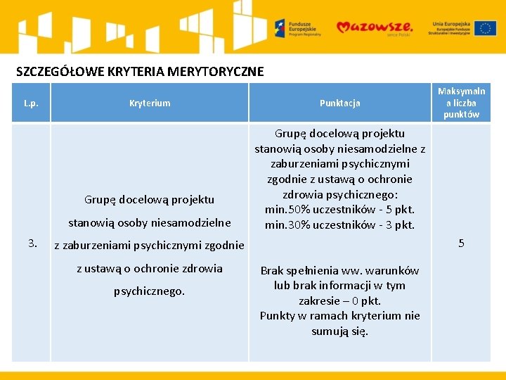 SZCZEGÓŁOWE KRYTERIA MERYTORYCZNE L. p. Kryterium Grupę docelową projektu stanowią osoby niesamodzielne 3. Punktacja