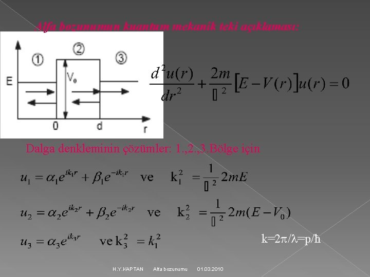 Alfa bozunumun kuantum mekanik teki açıklaması: Dalga denkleminin çözümler: 1. , 2. , 3.