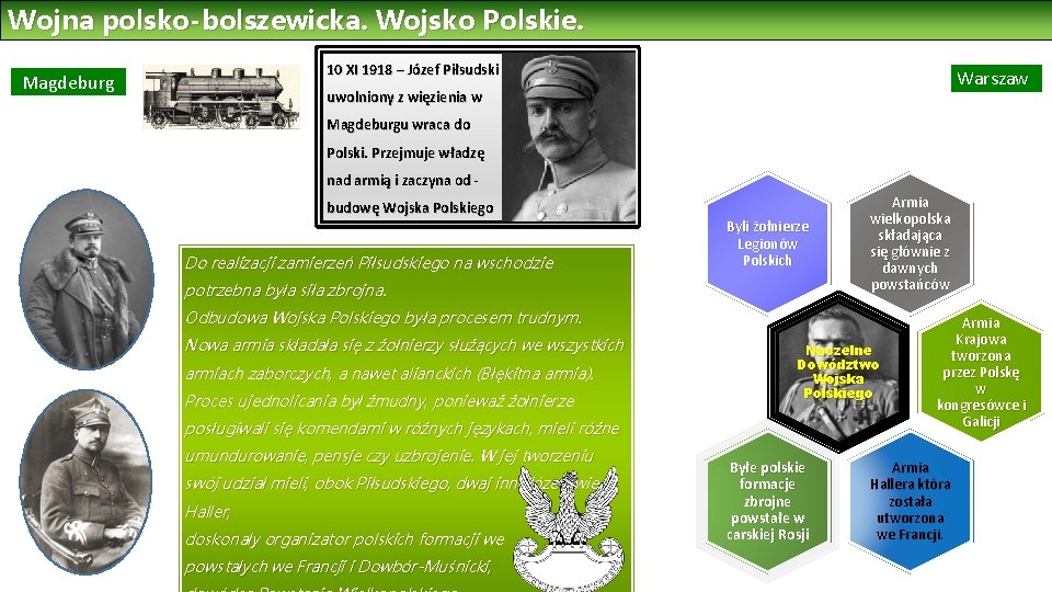 Wojna polsko-bolszewicka. Wojsko Polskie. 10 XI 1918 – Józef Piłsudski Magdeburg Warszaw a uwolniony