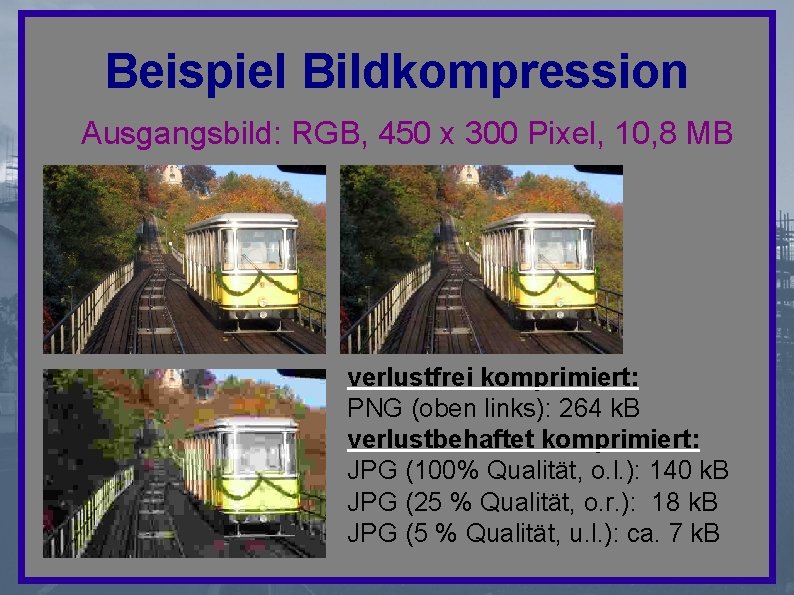 Beispiel Bildkompression Ausgangsbild: RGB, 450 x 300 Pixel, 10, 8 MB verlustfrei komprimiert: PNG