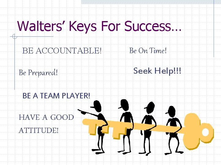 Walters’ Keys For Success… BE ACCOUNTABLE! Be Prepared! BE A TEAM PLAYER! HAVE A