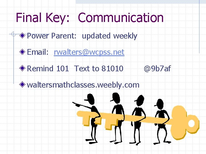 Final Key: Communication Power Parent: updated weekly Email: rwalters@wcpss. net Remind 101 Text to