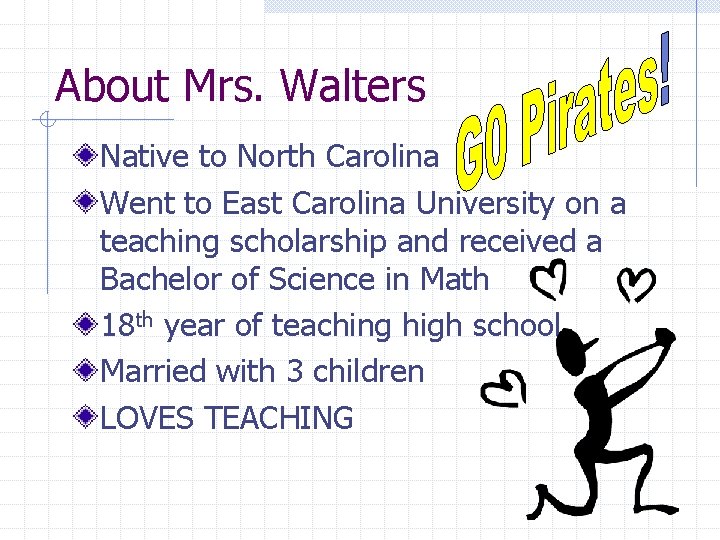 About Mrs. Walters Native to North Carolina Went to East Carolina University on a