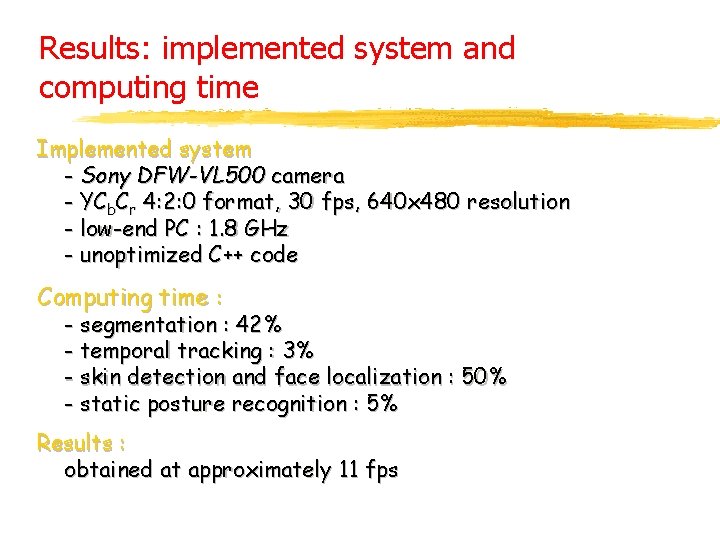 Results: implemented system and computing time Implemented system - Sony DFW-VL 500 camera -