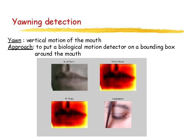 Yawning detection Yawn : vertical motion of the mouth Approach: to put a biological