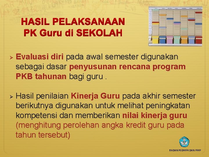 HASIL PELAKSANAAN PK Guru di SEKOLAH Ø Ø Evaluasi diri pada awal semester digunakan
