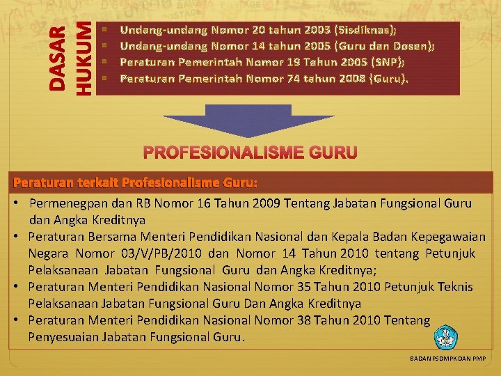 DASAR HUKUM § § Undang-undang Nomor 20 tahun 2003 (Sisdiknas); Undang-undang Nomor 14 tahun