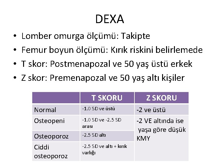 DEXA • • Lomber omurga ölçümü: Takipte Femur boyun ölçümü: Kırık riskini belirlemede T