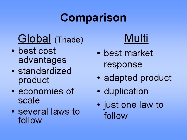 Comparison Global (Triade) • best cost advantages • standardized product • economies of scale