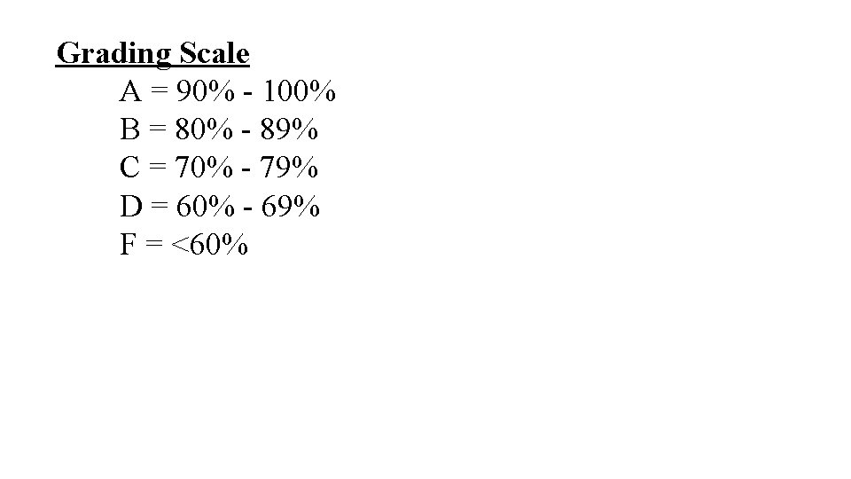Grading Scale A = 90% - 100% B = 80% - 89% C =