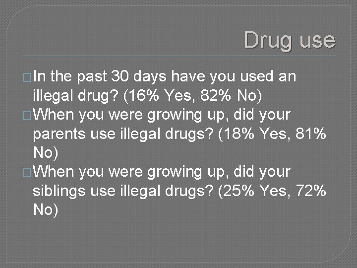 Drug use �In the past 30 days have you used an illegal drug? (16%
