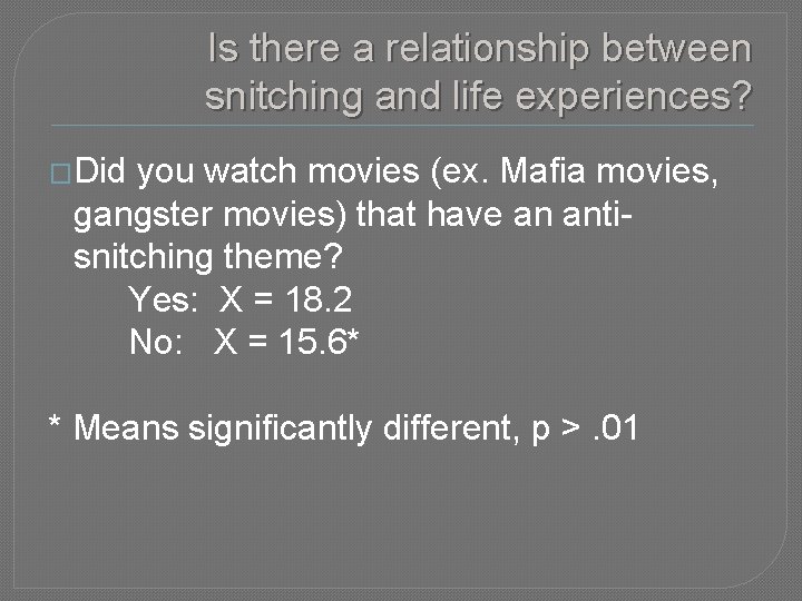 Is there a relationship between snitching and life experiences? �Did you watch movies (ex.