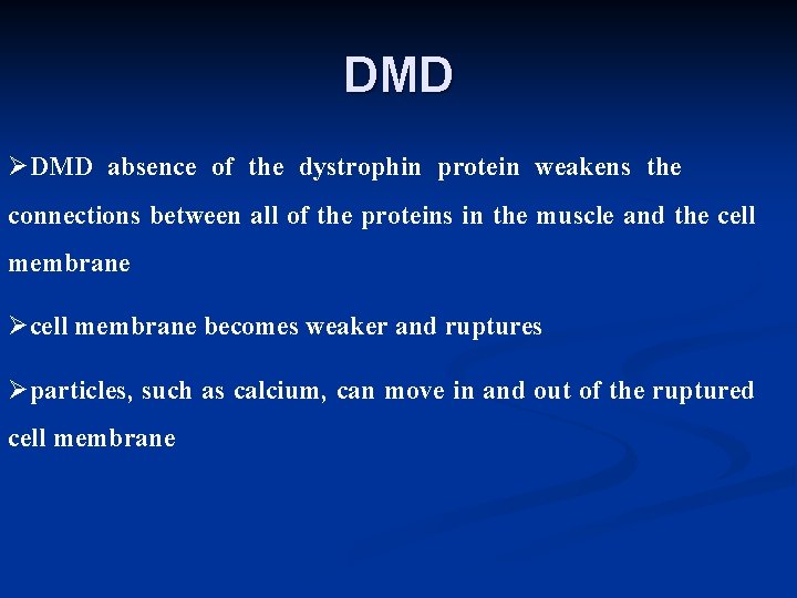 DMD ØDMD absence of the dystrophin protein weakens the connections between all of the