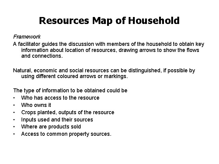 Resources Map of Household Framework A facilitator guides the discussion with members of the