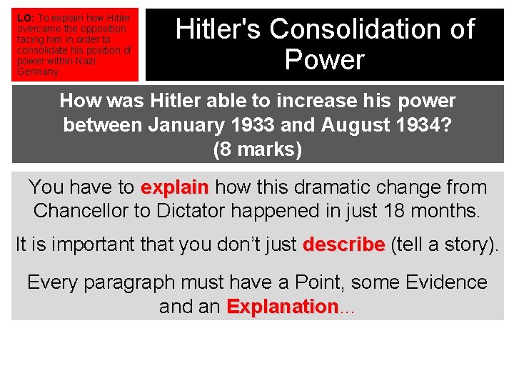 LO: To explain how Hitler overcame the opposition facing him in order to consolidate