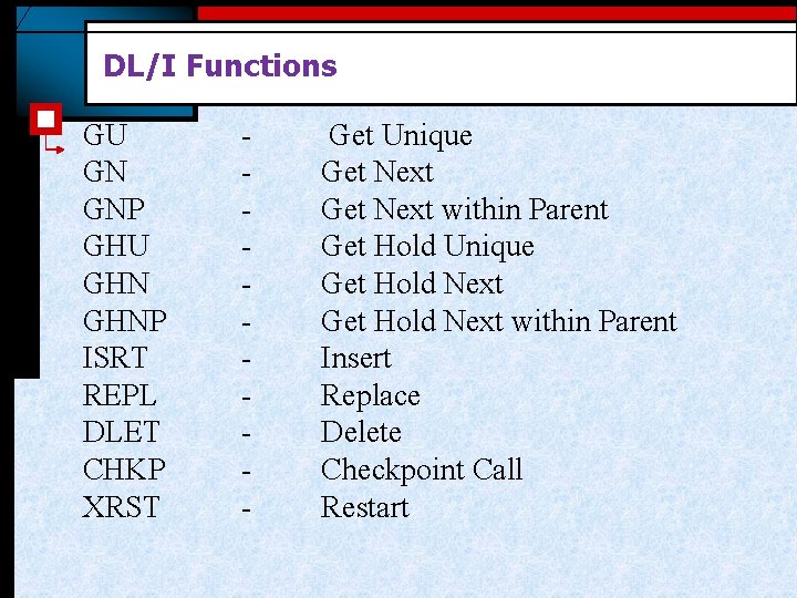 DL/I Functions GU GN GNP GHU GHNP ISRT REPL DLET CHKP XRST - Get