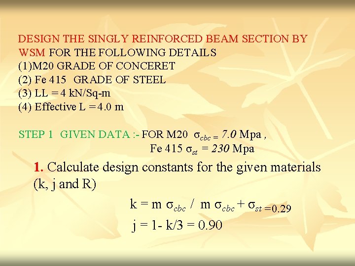 DESIGN THE SINGLY REINFORCED BEAM SECTION BY WSM FOR THE FOLLOWING DETAILS (1) M