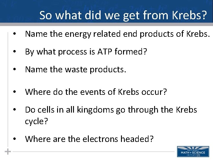 So what did we get from Krebs? • Name the energy related end products So what did we get from Krebs? • Name the energy related end products