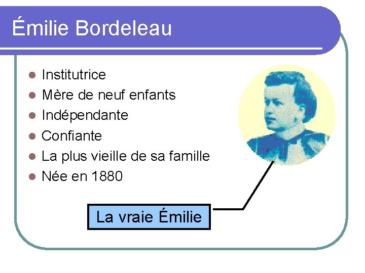 Émilie Bordeleau l l l Institutrice Mère de neuf enfants Indépendante Confiante La plus