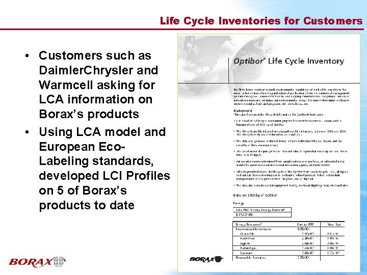 Life Cycle Inventories for Customers • Customers such as Daimler. Chrysler and Warmcell asking