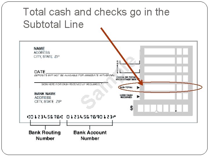 Total cash and checks go in the Subtotal Line 