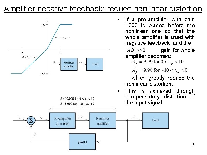 Amplifier negative feedback: reduce nonlinear distortion • • If a pre-amplifier with gain 1000