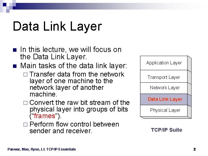 Data Link Layer n n In this lecture, we will focus on the Data Data Link Layer n n In this lecture, we will focus on the Data