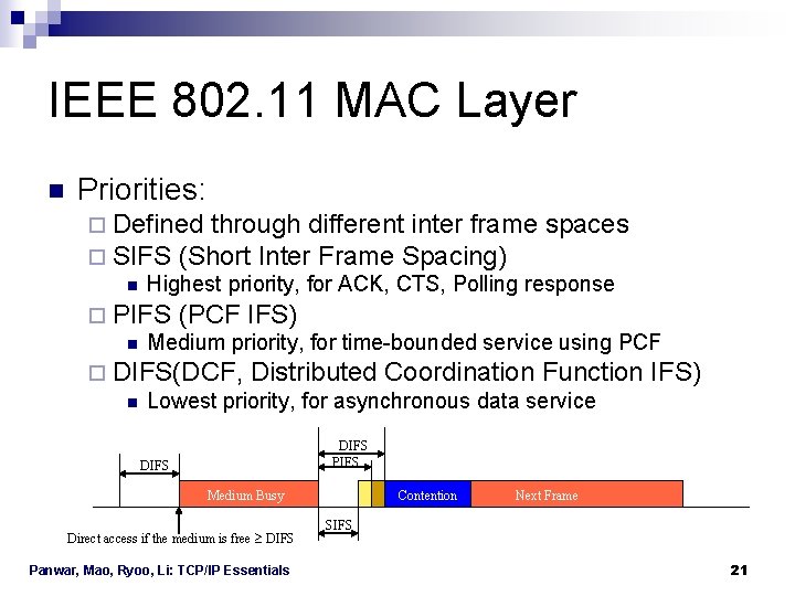 IEEE 802. 11 MAC Layer n Priorities: ¨ Defined through different inter frame spaces IEEE 802. 11 MAC Layer n Priorities: ¨ Defined through different inter frame spaces