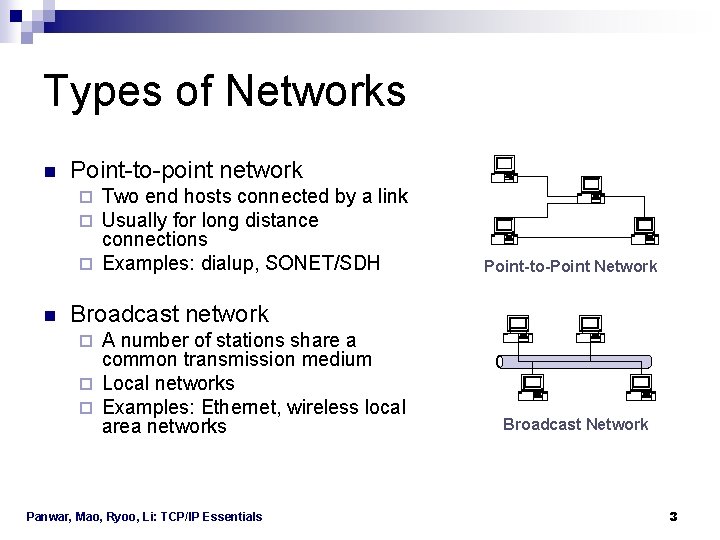 Types of Networks n Point-to-point network Two end hosts connected by a link Usually Types of Networks n Point-to-point network Two end hosts connected by a link Usually