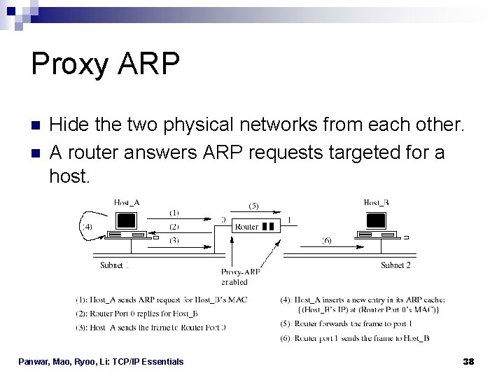 Proxy ARP n n Hide the two physical networks from each other. A router Proxy ARP n n Hide the two physical networks from each other. A router