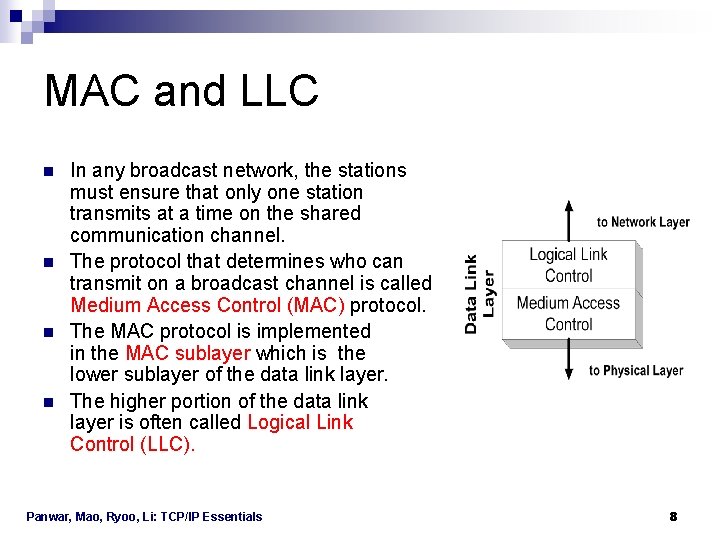 MAC and LLC n n In any broadcast network, the stations must ensure that MAC and LLC n n In any broadcast network, the stations must ensure that