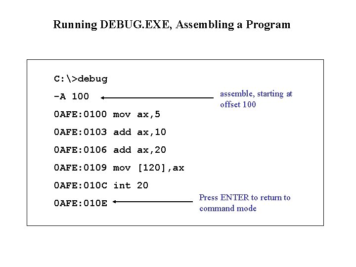 Running DEBUG. EXE, Assembling a Program C: >debug -A 100 assemble, starting at offset Running DEBUG. EXE, Assembling a Program C: >debug -A 100 assemble, starting at offset