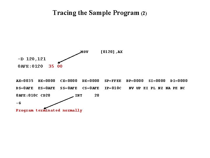 Tracing the Sample Program (2) MOV [0120], AX -D 120, 121 0 AFE: 0120
