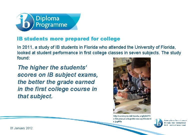 IB students more prepared for college In 2011, a study of IB students in