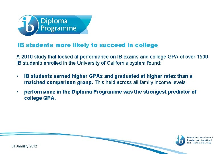 IB students more likely to succeed in college A 2010 study that looked at