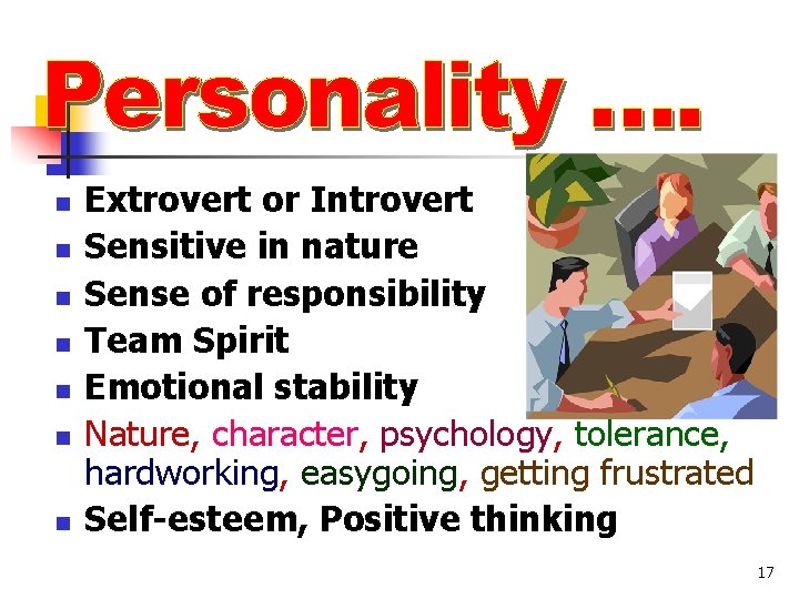 n n n n Extrovert or Introvert Sensitive in nature Sense of responsibility Team