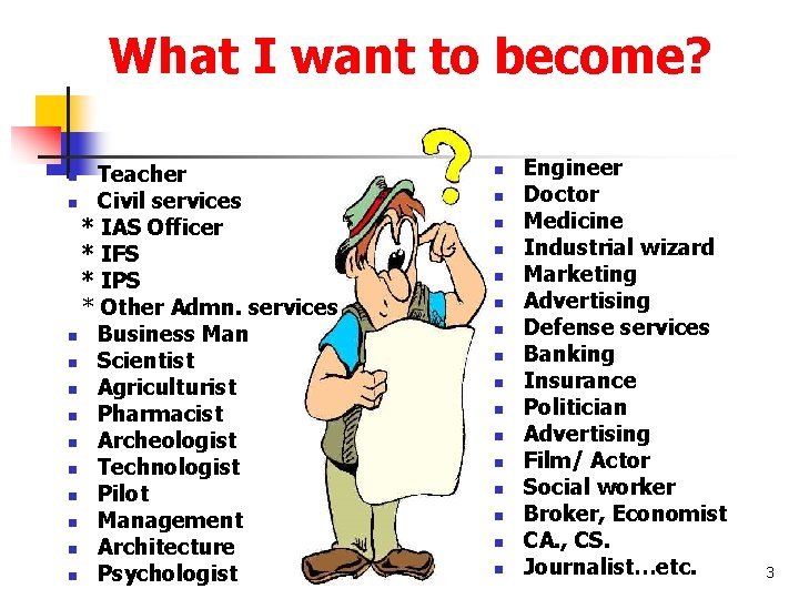 What I want to become? Teacher n Civil services * IAS Officer * IFS