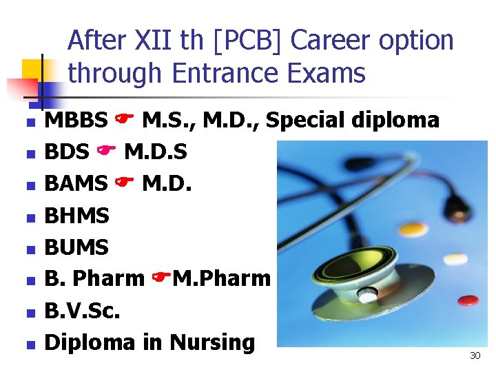 After XII th [PCB] Career option through Entrance Exams n n n n MBBS