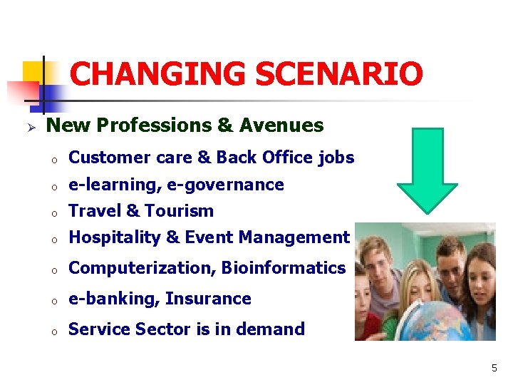 CHANGING SCENARIO Ø New Professions & Avenues o Customer care & Back Office jobs