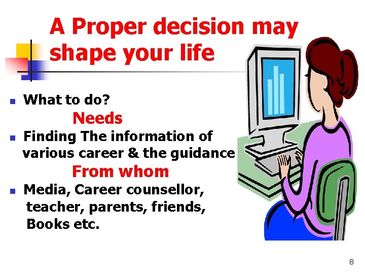 A Proper decision may shape your life n What to do? Needs n Finding