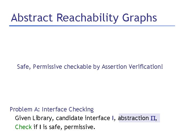 Abstract Reachability Graphs Safe, Permissive checkable by Assertion Verification! Problem A: Interface Checking Given