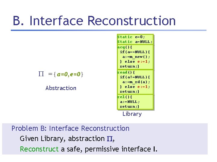 B. Interface Reconstruction ={a=0, e=0} Abstraction Static e=0; Static a=NULL; acq(){ if(a==NULL){ a: =m_new();
