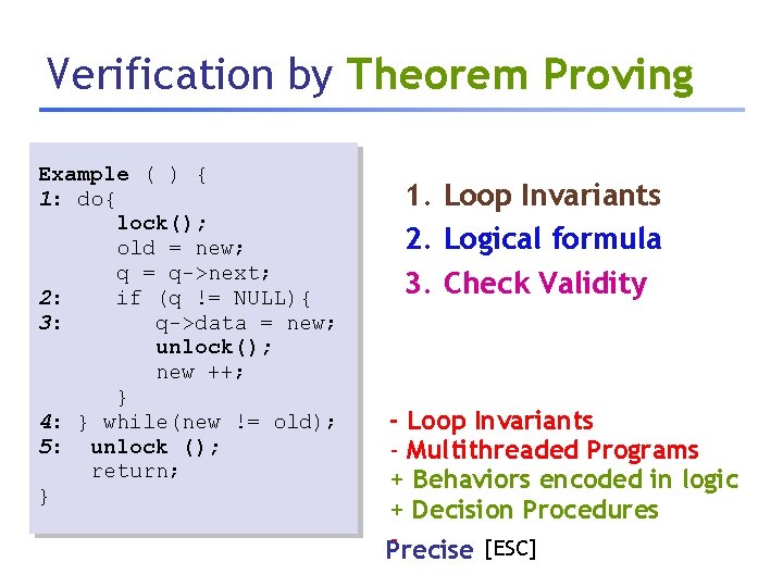 Verification by Theorem Proving Example ( ) { 1: do{ lock(); old = new;