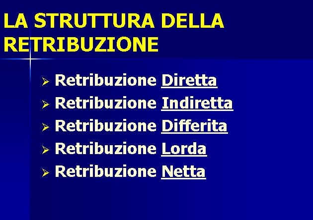 LA STRUTTURA DELLA RETRIBUZIONE Retribuzione Diretta Ø Retribuzione Indiretta Ø Retribuzione Differita Ø Retribuzione