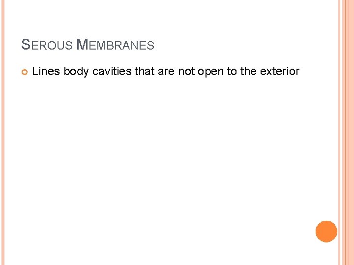 SEROUS MEMBRANES Lines body cavities that are not open to the exterior 