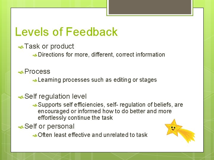 Levels of Feedback Task or product Directions for more, different, correct information Process Learning